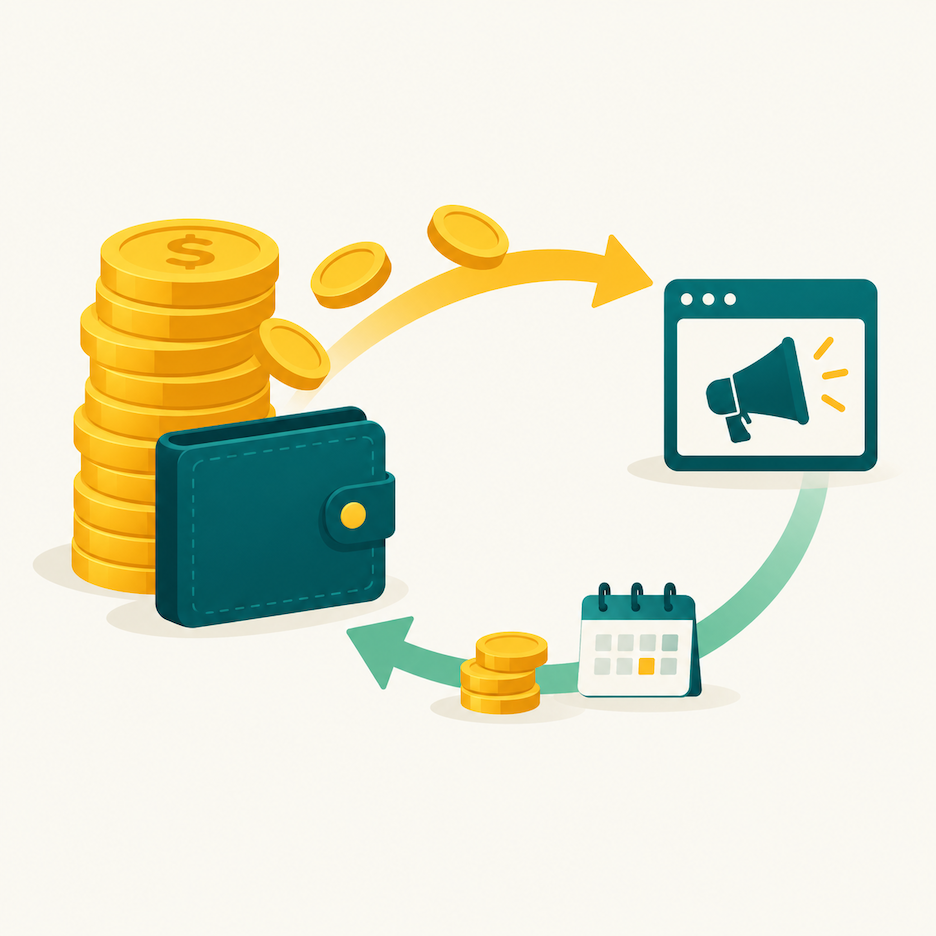 Ad spend going out and a smaller credit returning later against fees, illustrating the Brand Referral Bonus and its lag.