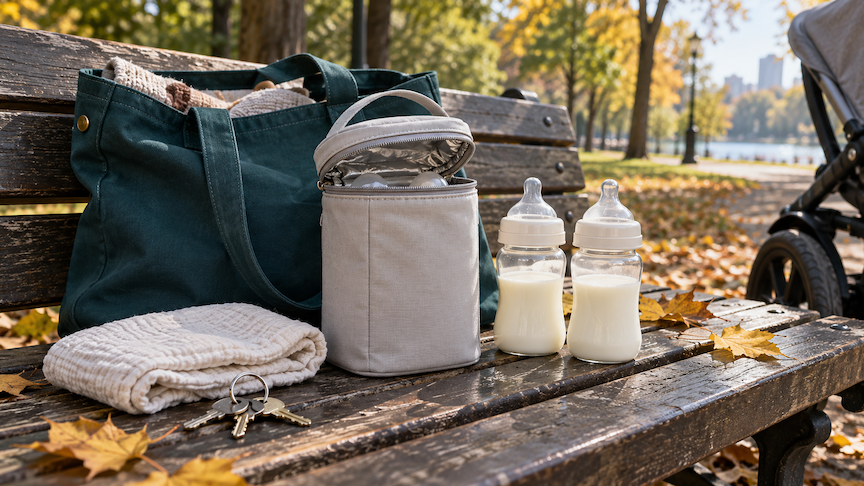 An unbranded bottle cooler and baby bottles in a tote bag on a park bench