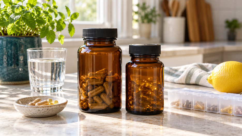 Unbranded amber supplement bottles and a pill organiser on a sunny kitchen windowsill