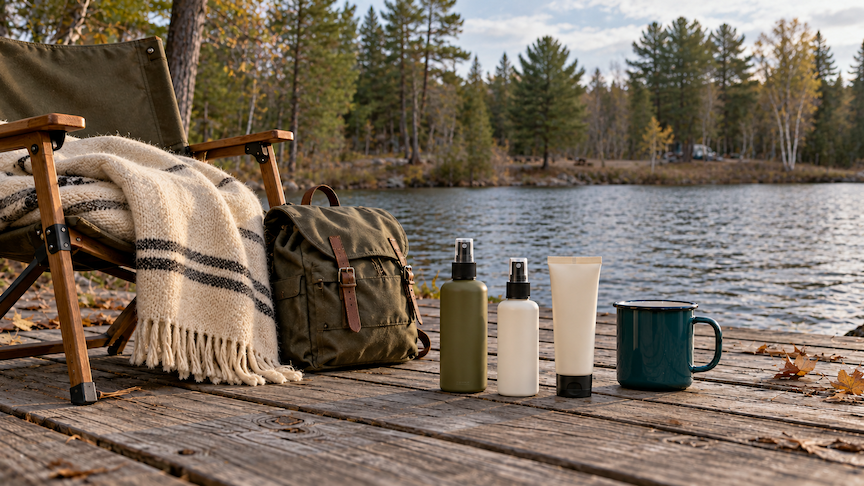Camp chair, blanket and unbranded spray bottles on a lakeside dock in autumn light