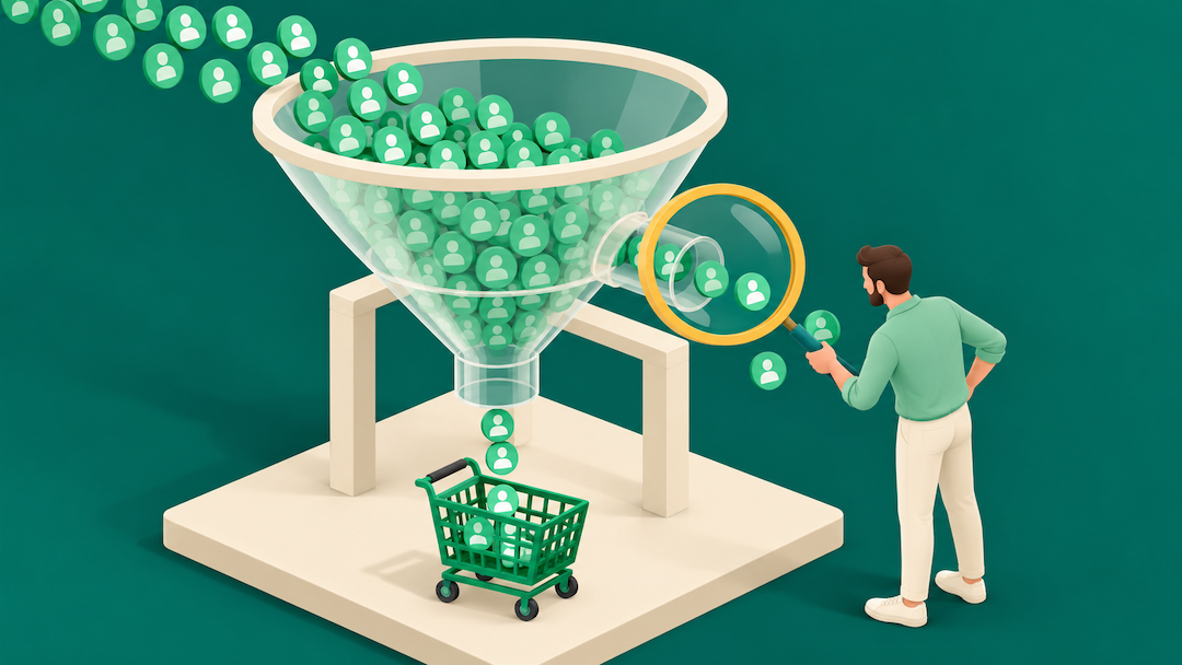 A shopping funnel with a figure inspecting where shoppers drop out before buying, illustrating Amazon conversion rate