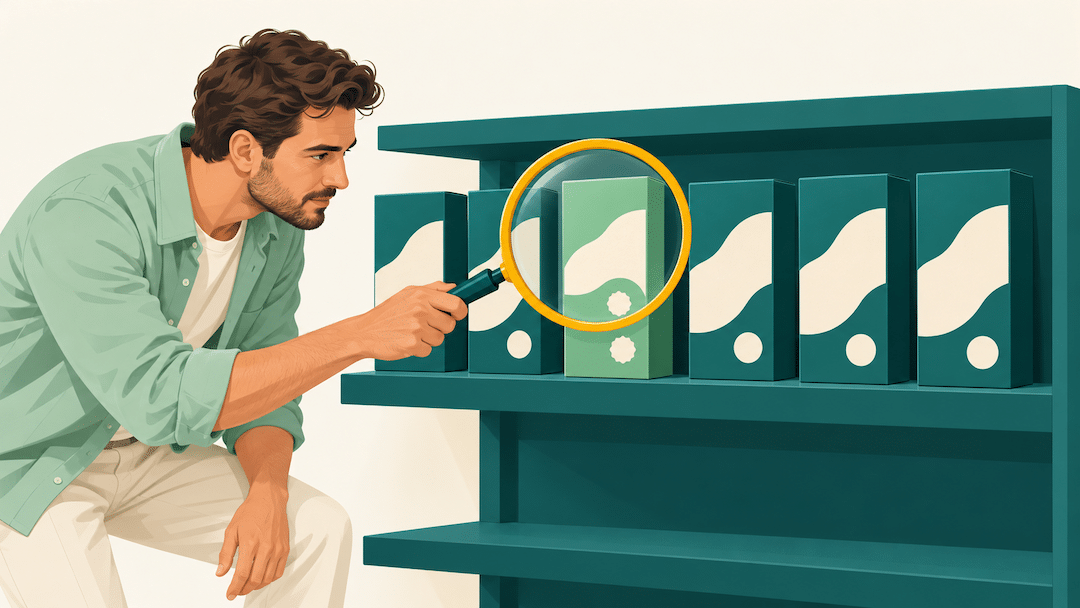 A brand owner inspecting a look-alike product on a shelf, illustrating how to spot an Amazon listing hijacker