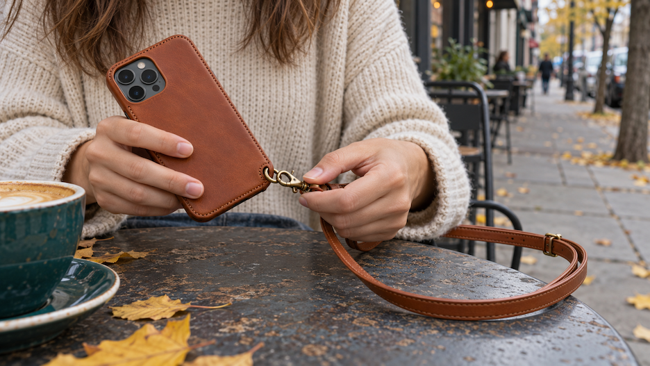 Hands clipping an unbranded crossbody phone case to its strap at a cafe table