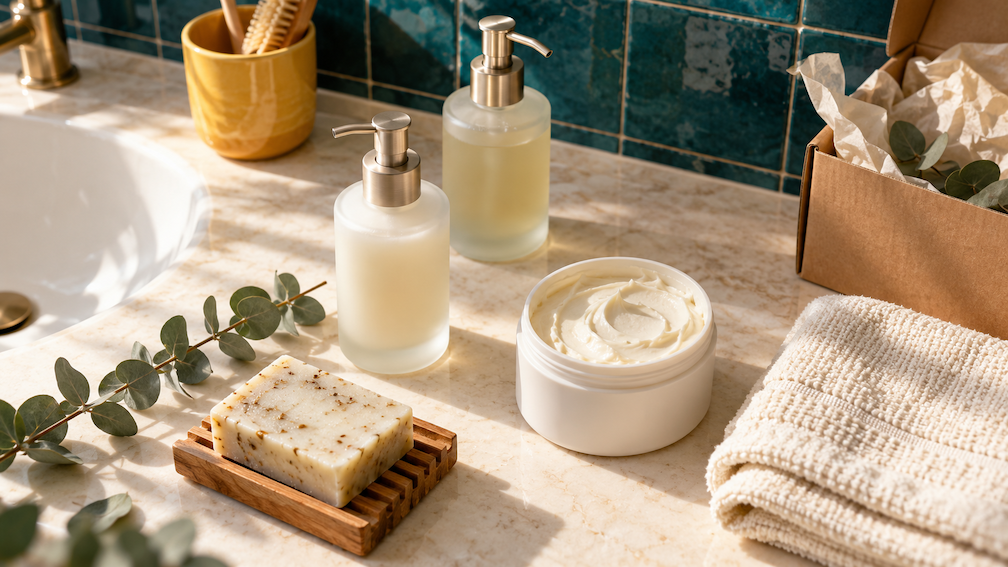 Unbranded body care bottles, soap and a folded towel on a bright bathroom vanity