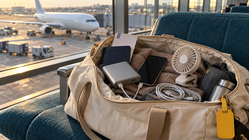 An unbranded power bank charging a phone in an open carry-on bag at an airport lounge