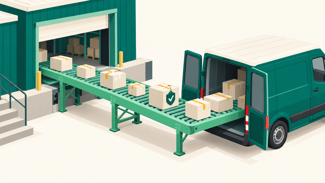 Parcels moving from a warehouse dock to a delivery van, one carrying a shield tag that represents on-time shipping protection.