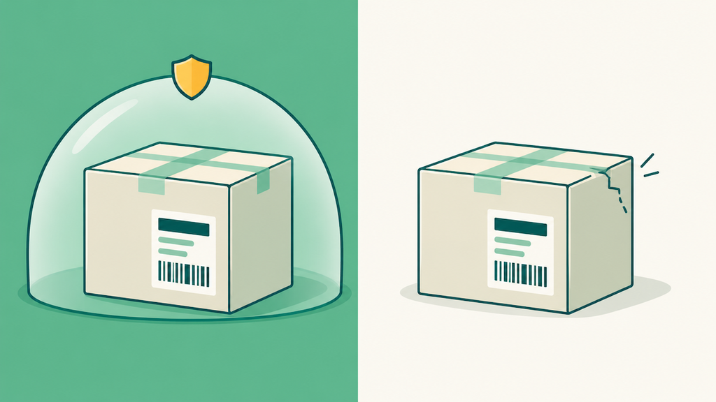 Two packages side by side, one protected and one exposed, contrasting Ship with Walmart labels with labels bought on your own carrier account.