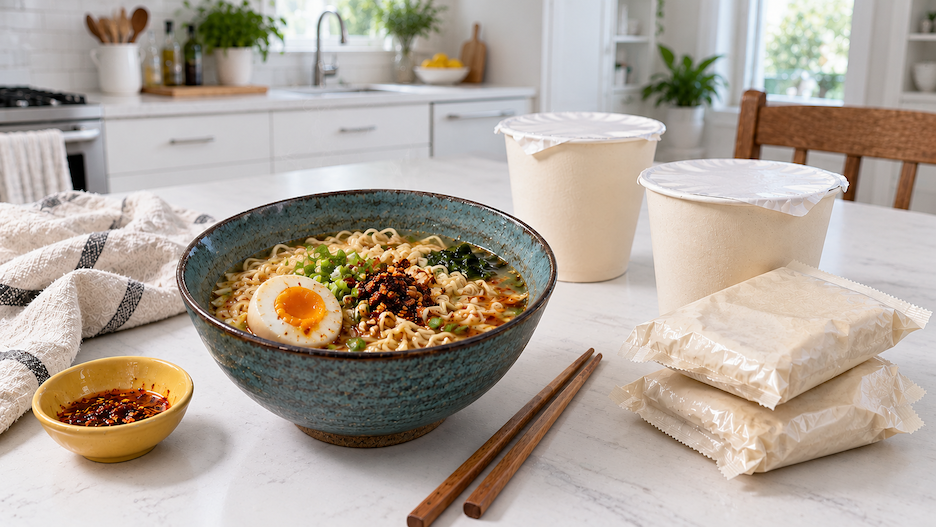 A bowl of ramen with chili crisp beside unbranded noodle cups on a kitchen table