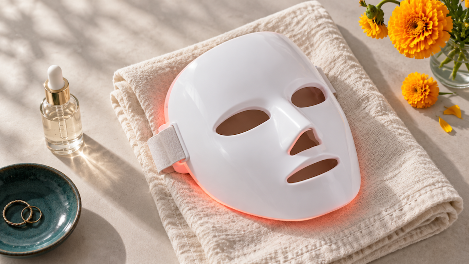 An unbranded LED face mask glowing red on a folded towel on an evening vanity