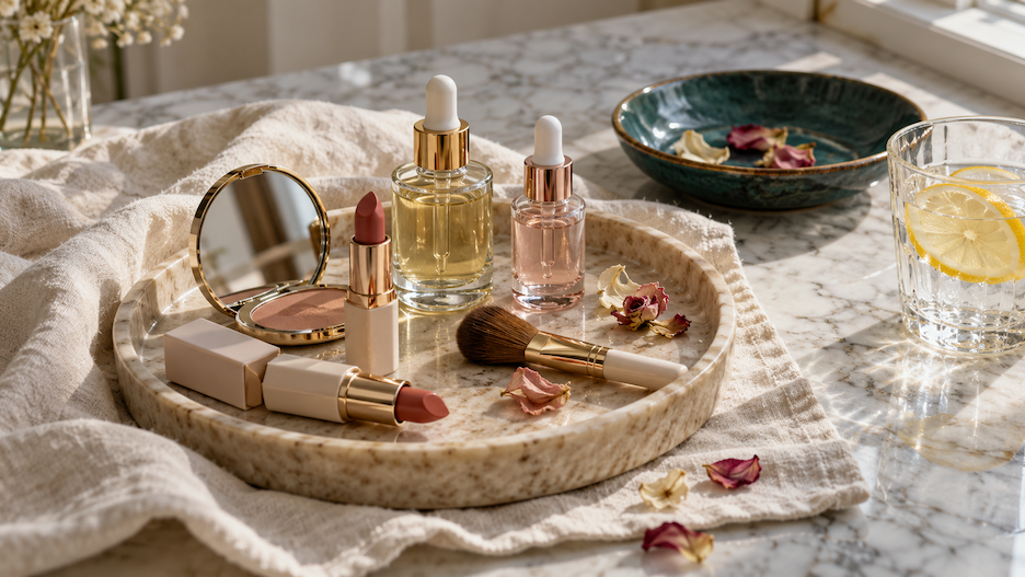 Unbranded lipsticks, serum bottles and a compact on a marble vanity tray