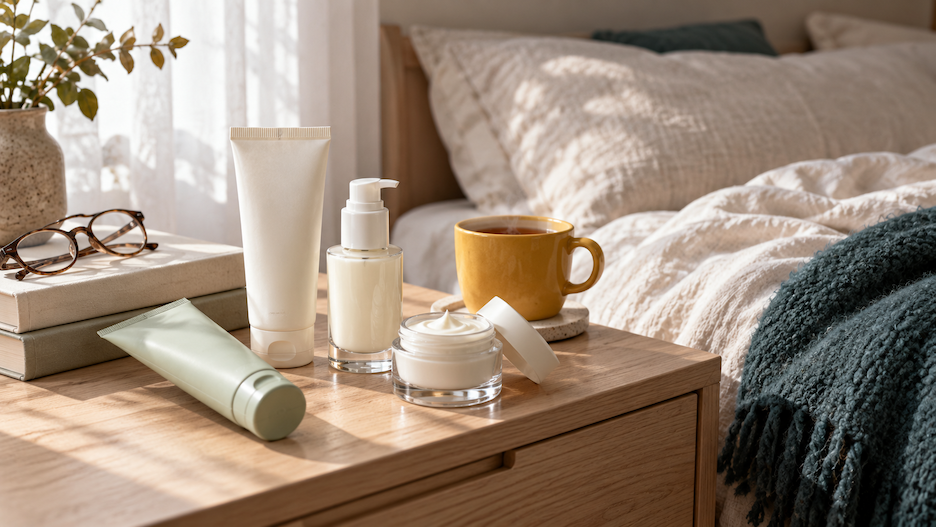 Unbranded skincare tubes and a moisturizer jar on a sunlit bedside table