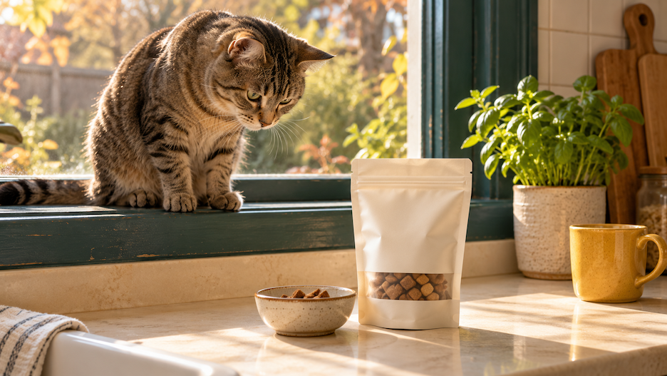 A tabby cat on a kitchen windowsill beside an unbranded pouch of treats