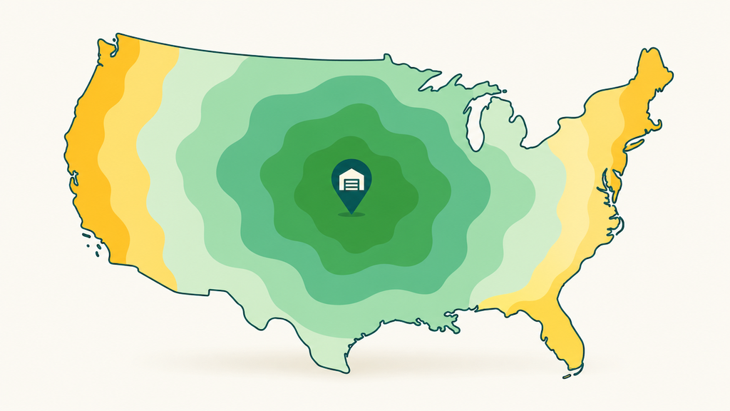 A map of U.S. delivery zones fading out from one warehouse, showing where two-day delivery is and isn't reachable.