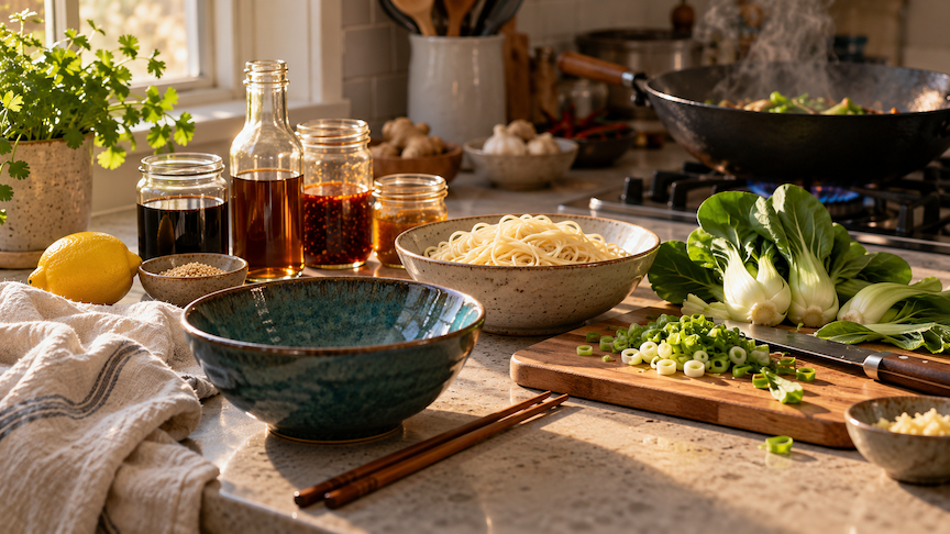 Noodles, bok choy and unbranded sauce jars on a kitchen counter set for an Asian dinner