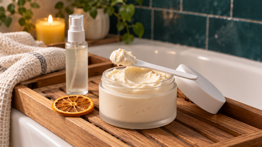 An open jar of unbranded whipped body butter on a wooden bath tray