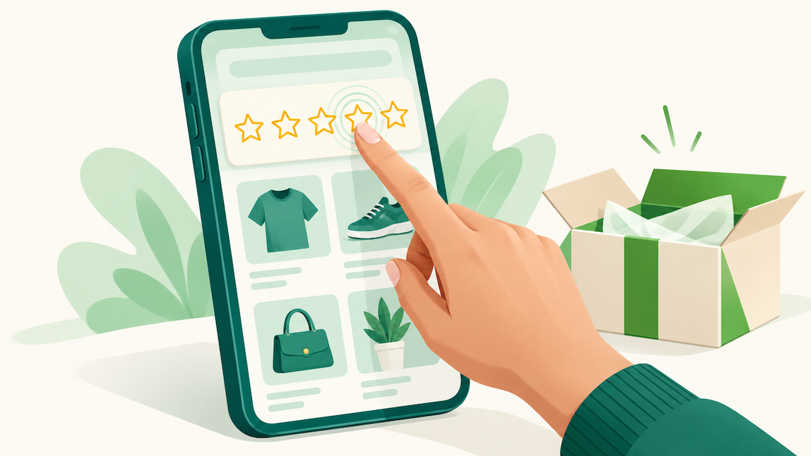 A shopper tapping a star rating on a review prompt while browsing, illustrating Amazon Review Requests